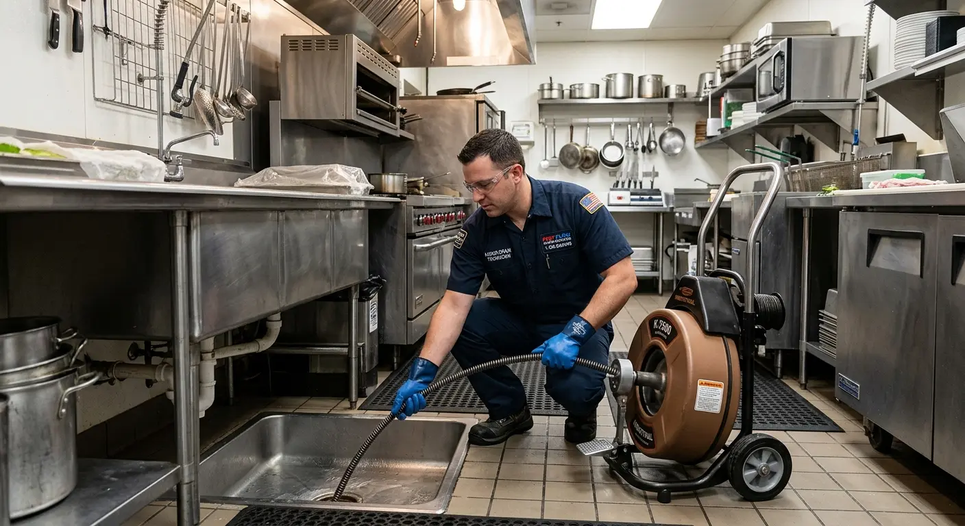 Commercial drain cleaning service in a restaurant kitchen in Hacienda Heights