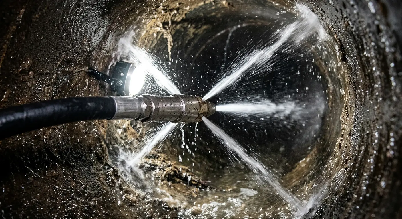 High-pressure hydro jetting nozzle cleaning sewer pipe for Sewer Cleanout in Hacienda Heights
