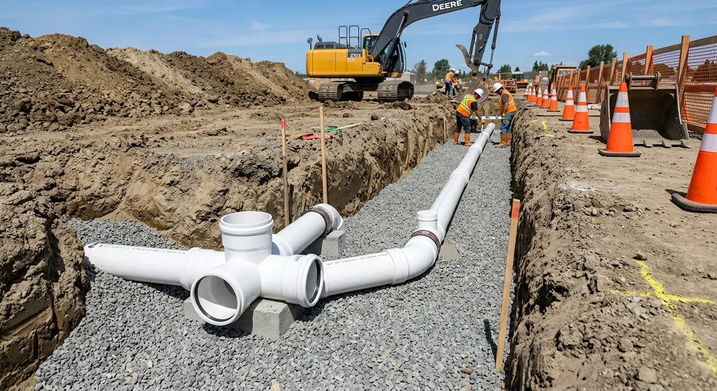 New PVC sewer pipe installation in open trench for Commercial Drain Cleaning in Hacienda Heights