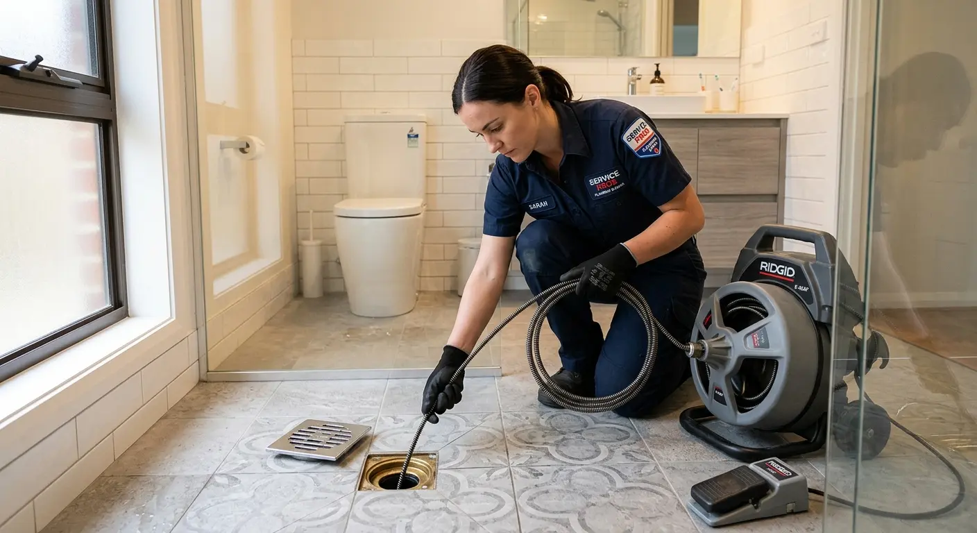 Technician clearing a bathroom floor drain for Clogged Drain Repair in Hacienda Heights